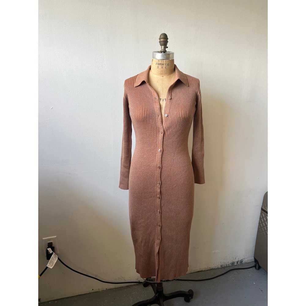 French Connection Ribbed Knit Button Down Midi Dress Terracotta Orange Small